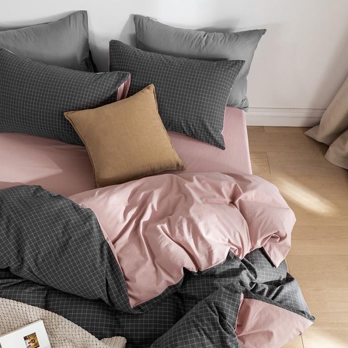 91家纺网 家纺一手货源 找家纺 蓝巢家纺2020年春夏新品全棉加厚水洗棉双拼款四件套绅士灰格