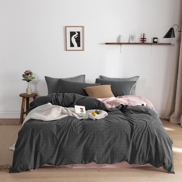 91家纺网 家纺一手货源 找家纺 蓝巢家纺2020年春夏新品全棉加厚水洗棉双拼款四件套绅士灰格