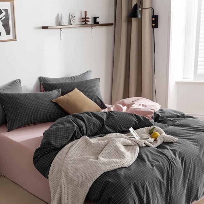 91家纺网 家纺一手货源 找家纺 蓝巢家纺2020年春夏新品全棉加厚水洗棉双拼款四件套绅士灰格