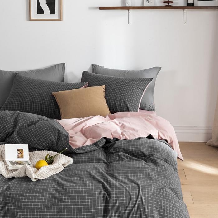 91家纺网 家纺一手货源 找家纺 蓝巢家纺2020年春夏新品全棉加厚水洗棉双拼款四件套绅士灰格