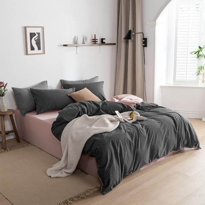 91家纺网 家纺一手货源 找家纺 蓝巢家纺2020年春夏新品全棉加厚水洗棉双拼款四件套绅士灰格