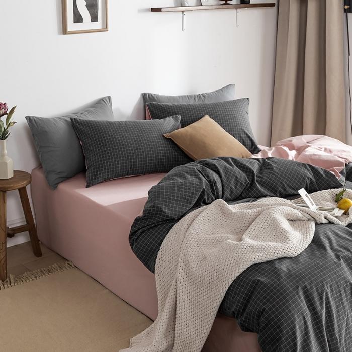 91家纺网 家纺一手货源 找家纺 蓝巢家纺2020年春夏新品全棉加厚水洗棉双拼款四件套绅士灰格