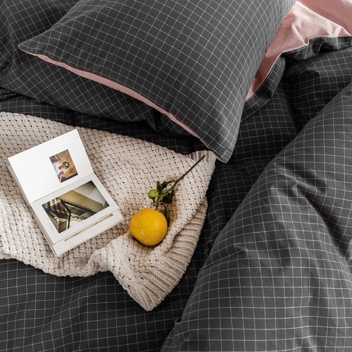 91家纺网 家纺一手货源 找家纺 蓝巢家纺2020年春夏新品全棉加厚水洗棉双拼款四件套绅士灰格