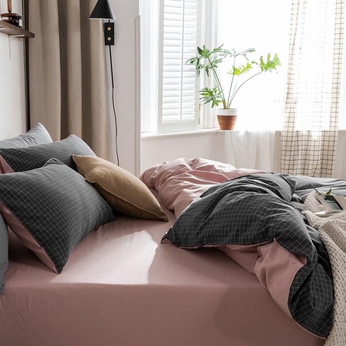 91家纺网 家纺一手货源 找家纺 蓝巢家纺2020年春夏新品全棉加厚水洗棉双拼款四件套绅士灰格