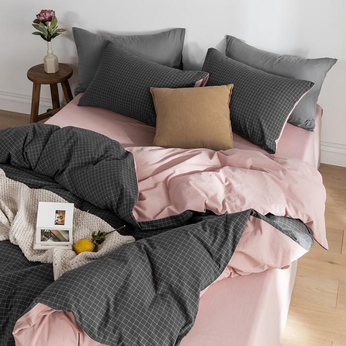 91家纺网 家纺一手货源 找家纺 蓝巢家纺2020年春夏新品全棉加厚水洗棉双拼款四件套绅士灰格