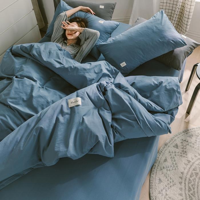 91家纺网 家纺一手货源 找家纺 蓝巢家纺2020年春夏新品全棉加厚水洗棉双拼款四件套素宾利蓝