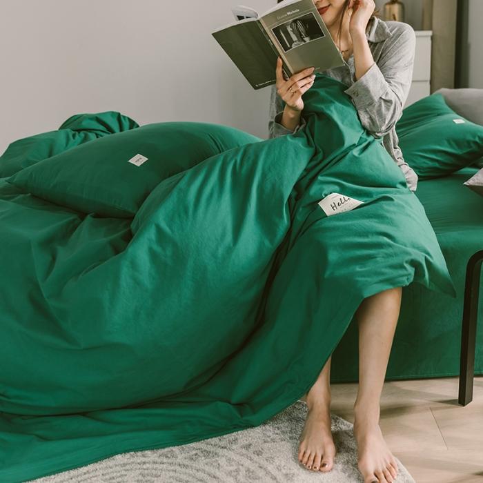 91家纺网 家纺一手货源 找家纺 蓝巢家纺 2020年春夏新品全棉加厚水洗棉双拼款四件套素墨绿