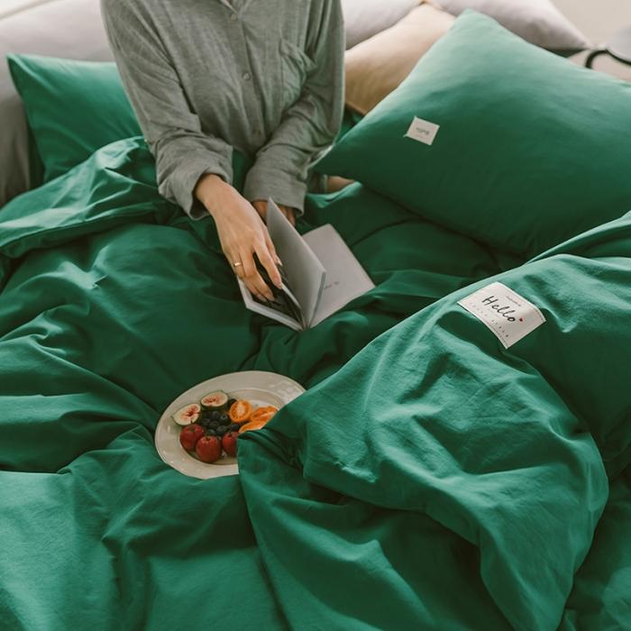 91家纺网 家纺一手货源 找家纺 蓝巢家纺 2020年春夏新品全棉加厚水洗棉双拼款四件套素墨绿