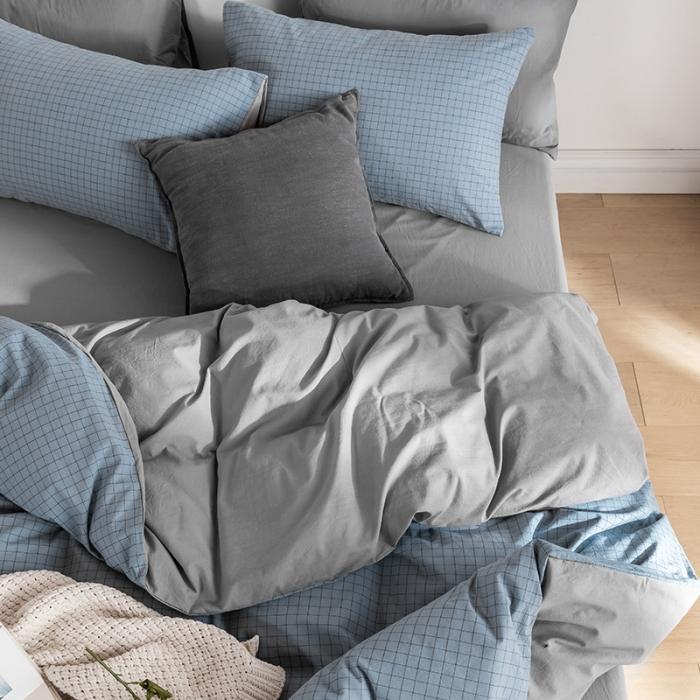 91家纺网 家纺一手货源 找家纺 蓝巢家纺2020年春夏新品全棉加厚水洗棉双拼款四件套雾蓝小格