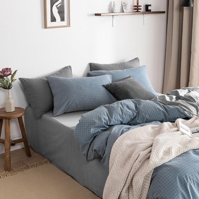 91家纺网 家纺一手货源 找家纺 蓝巢家纺2020年春夏新品全棉加厚水洗棉双拼款四件套雾蓝小格