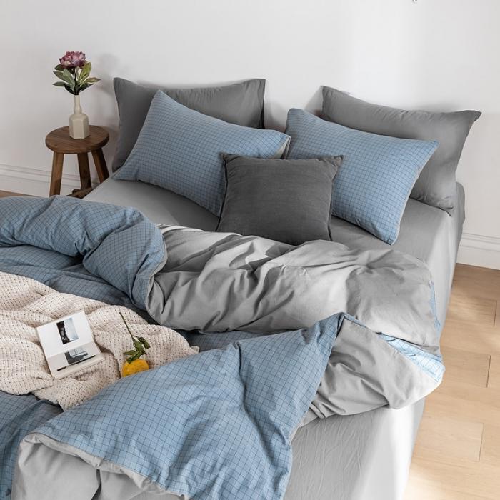 91家纺网 家纺一手货源 找家纺 蓝巢家纺2020年春夏新品全棉加厚水洗棉双拼款四件套雾蓝小格