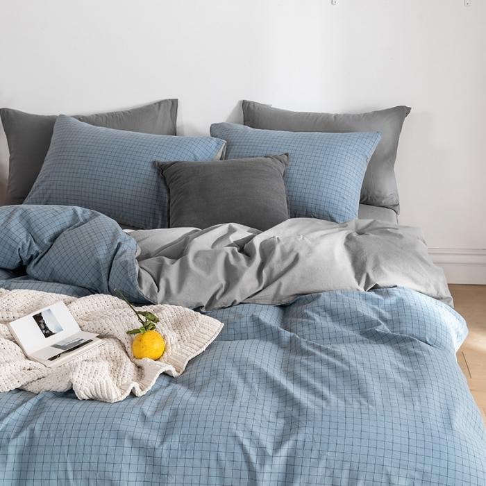 91家纺网 家纺一手货源 找家纺 蓝巢家纺2020年春夏新品全棉加厚水洗棉双拼款四件套雾蓝小格