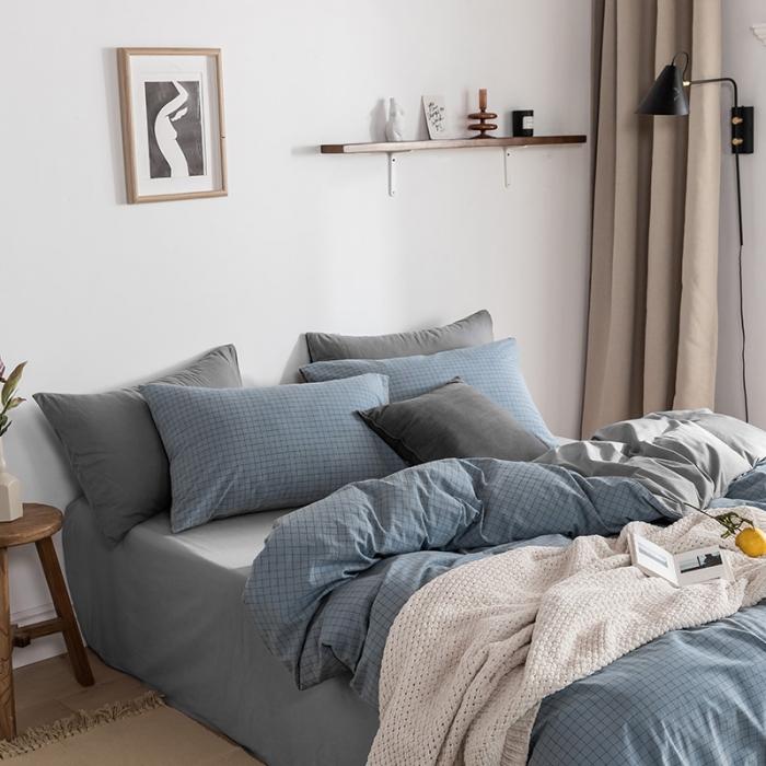 91家纺网 家纺一手货源 找家纺 蓝巢家纺2020年春夏新品全棉加厚水洗棉双拼款四件套雾蓝小格