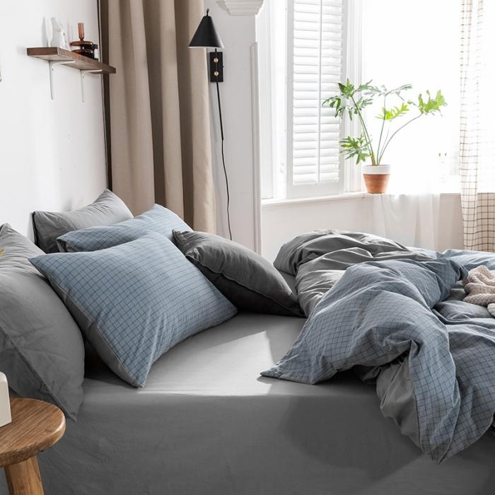 91家纺网 家纺一手货源 找家纺 蓝巢家纺2020年春夏新品全棉加厚水洗棉双拼款四件套雾蓝小格