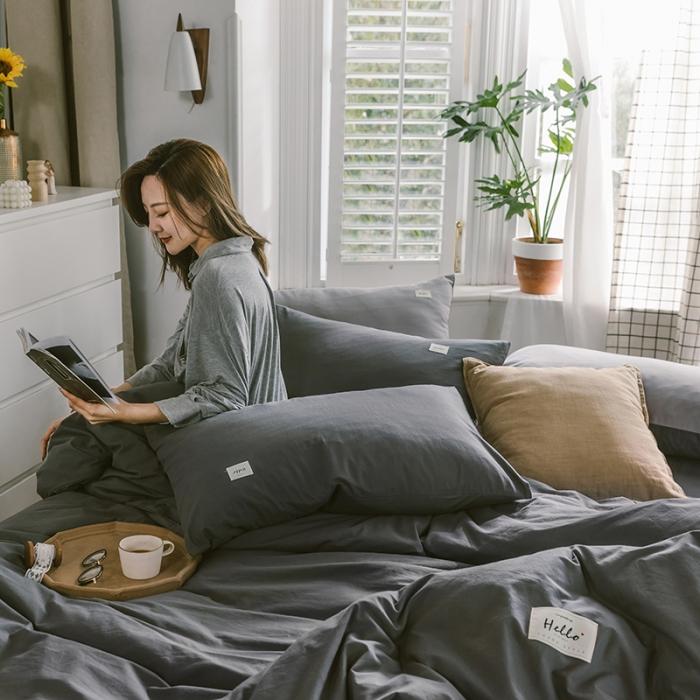 91家纺网 家纺一手货源 找家纺 蓝巢家纺2020年春夏新品全棉加厚水洗棉双拼款四件套素绅士灰