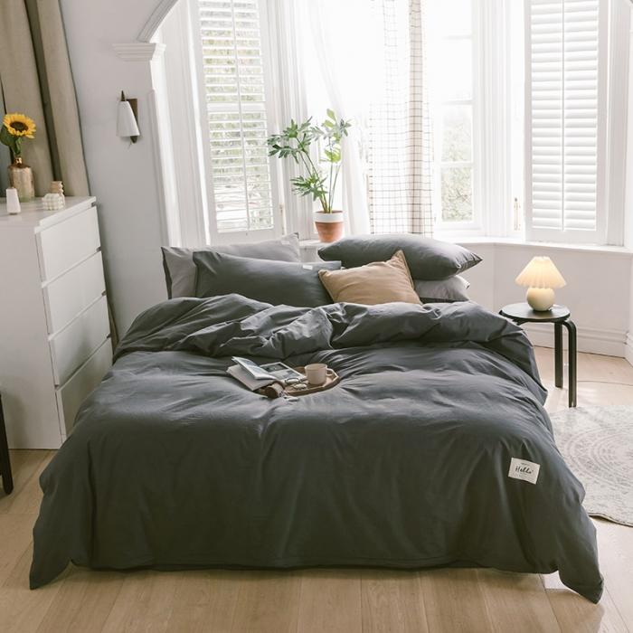 91家纺网 家纺一手货源 找家纺 蓝巢家纺2020年春夏新品全棉加厚水洗棉双拼款四件套素绅士灰