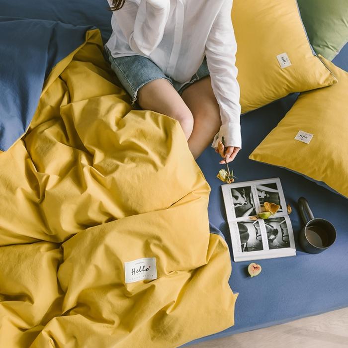 91家纺网 家纺一手货源 找家纺 蓝巢2020年春夏新品全棉加厚水洗棉双拼款四件套杏黄牛仔蓝