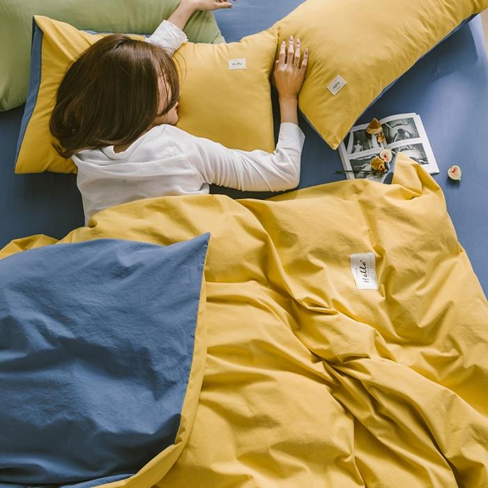 91家纺网 家纺一手货源 找家纺 蓝巢2020年春夏新品全棉加厚水洗棉双拼款四件套杏黄牛仔蓝