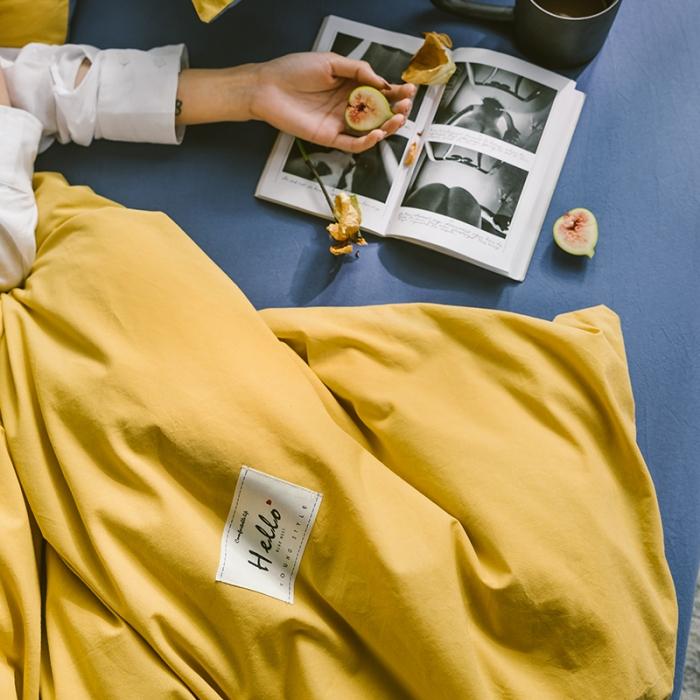 91家纺网 家纺一手货源 找家纺 蓝巢2020年春夏新品全棉加厚水洗棉双拼款四件套杏黄牛仔蓝