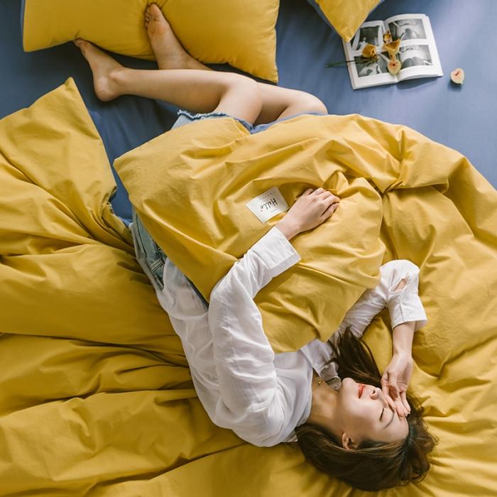 91家纺网 家纺一手货源 找家纺 蓝巢2020年春夏新品全棉加厚水洗棉双拼款四件套杏黄牛仔蓝