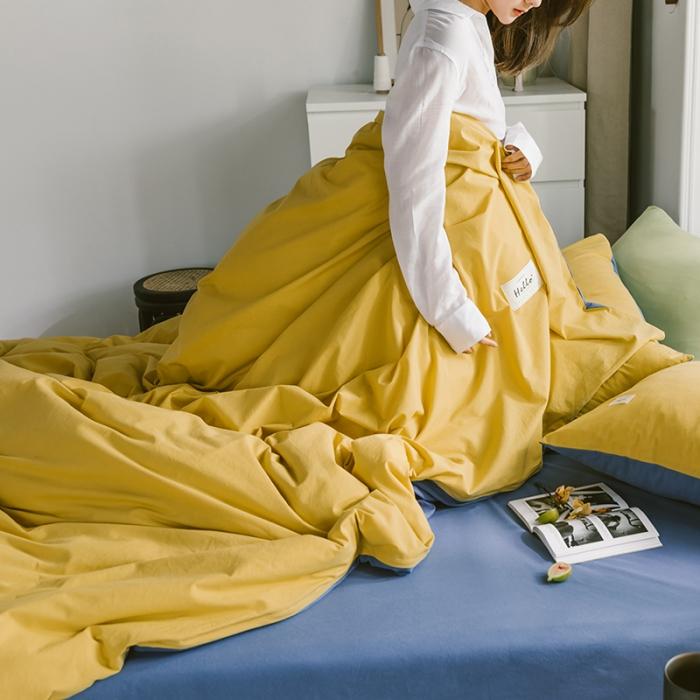 91家纺网 家纺一手货源 找家纺 蓝巢2020年春夏新品全棉加厚水洗棉双拼款四件套杏黄牛仔蓝