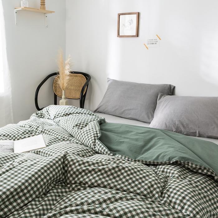 91家纺网 家纺一手货源 找家纺 蓝巢家纺 2020年春夏新品全棉加厚水洗棉被套 绿小格