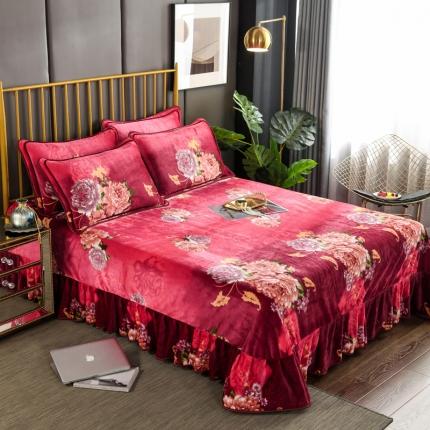 雨洋家纺 2025新款加厚金貂绒床裙床盖 花香迷人