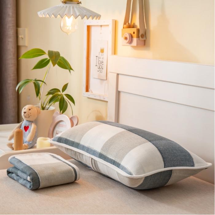 91家纺网 家纺一手货源 找家纺 A类纯棉六层纱布枕套婴儿童幼儿园枕皮全棉宝宝枕头套日式大格蓝