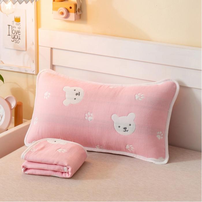 91家纺网 家纺一手货源 找家纺 A类纯棉六层纱布枕套婴儿童幼儿园枕皮全棉宝宝枕头套甜蜜小熊粉
