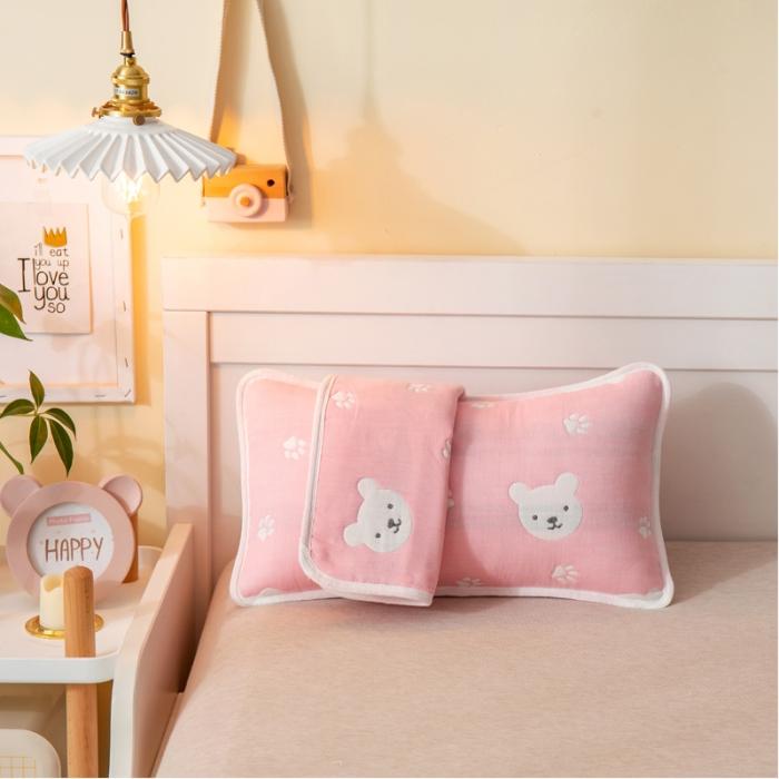 91家纺网 家纺一手货源 找家纺 A类纯棉六层纱布枕套婴儿童幼儿园枕皮全棉宝宝枕头套甜蜜小熊粉