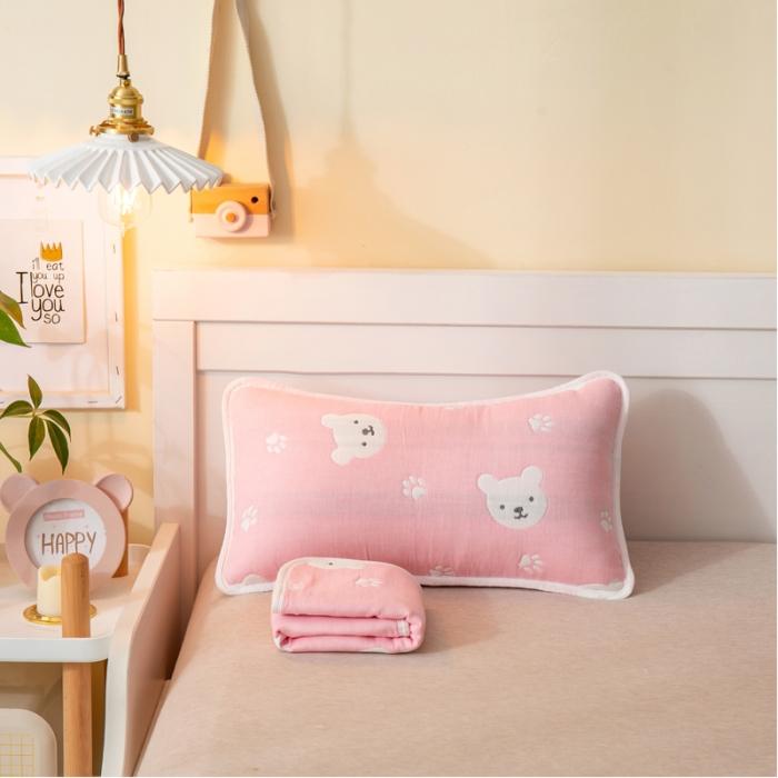 91家纺网 家纺一手货源 找家纺 A类纯棉六层纱布枕套婴儿童幼儿园枕皮全棉宝宝枕头套甜蜜小熊粉