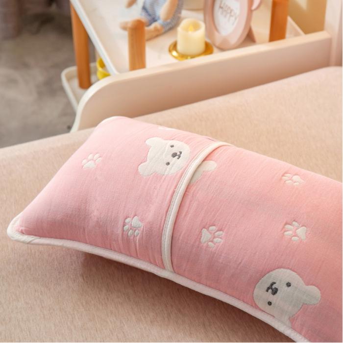 91家纺网 家纺一手货源 找家纺 A类纯棉六层纱布枕套婴儿童幼儿园枕皮全棉宝宝枕头套甜蜜小熊粉