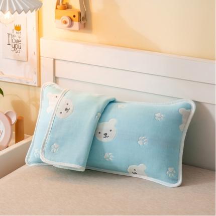 91家纺网 家纺一手货源 找家纺 A类纯棉六层纱布枕套婴儿童幼儿园枕皮全棉宝宝枕头套甜蜜小熊蓝