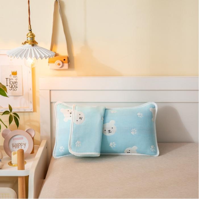 91家纺网 家纺一手货源 找家纺 A类纯棉六层纱布枕套婴儿童幼儿园枕皮全棉宝宝枕头套甜蜜小熊蓝