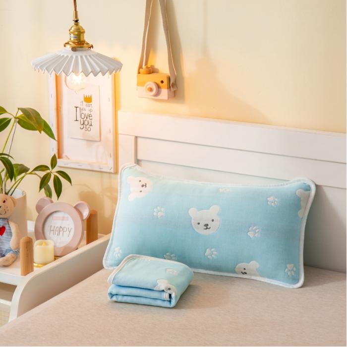 91家纺网 家纺一手货源 找家纺 A类纯棉六层纱布枕套婴儿童幼儿园枕皮全棉宝宝枕头套甜蜜小熊蓝