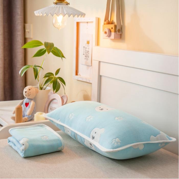 91家纺网 家纺一手货源 找家纺 A类纯棉六层纱布枕套婴儿童幼儿园枕皮全棉宝宝枕头套甜蜜小熊蓝