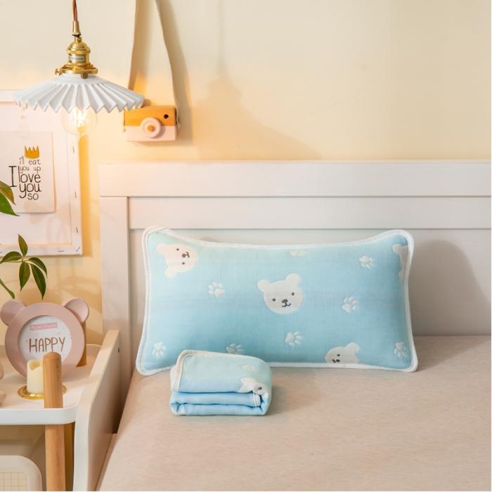 91家纺网 家纺一手货源 找家纺 A类纯棉六层纱布枕套婴儿童幼儿园枕皮全棉宝宝枕头套甜蜜小熊蓝