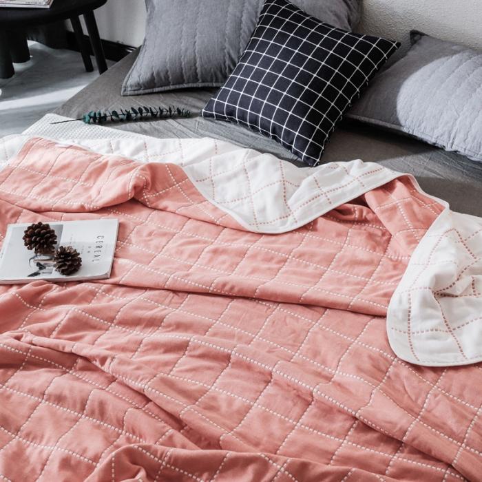 91家纺网 家纺一手货源 找家纺 朴尔家纺 六层全棉纱布毛巾被 时尚虚线-粉色