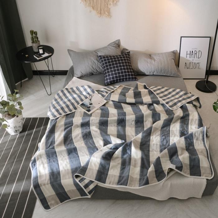 91家纺网 家纺一手货源 找家纺 朴尔家纺 六层全棉纱布毛巾被 日式大格-蓝