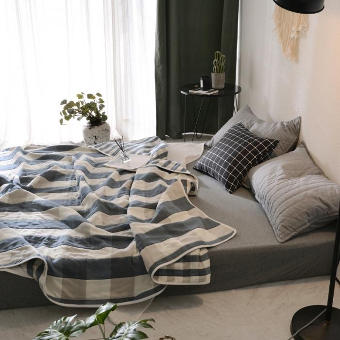 91家纺网 家纺一手货源 找家纺 朴尔家纺 六层全棉纱布毛巾被 日式大格-蓝