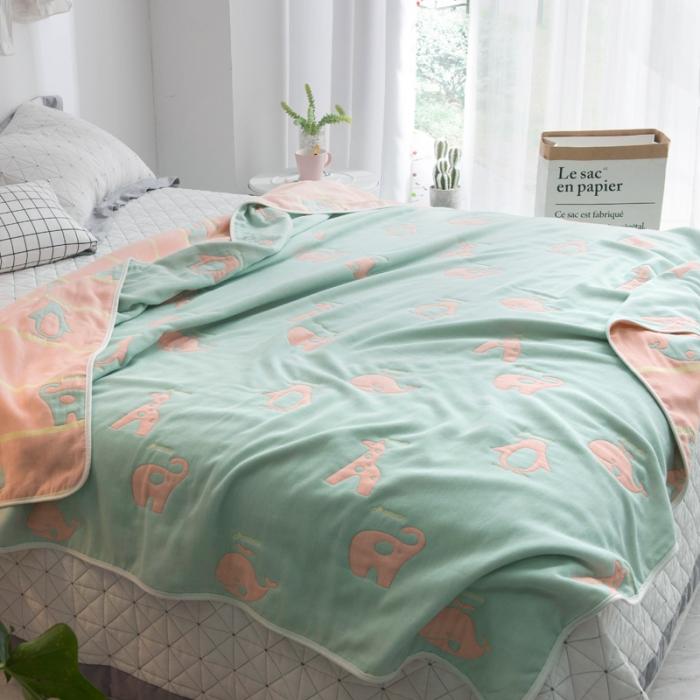 91家纺网 家纺一手货源 找家纺 朴尔家纺 六层全棉纱布毛巾被 绿色动物园