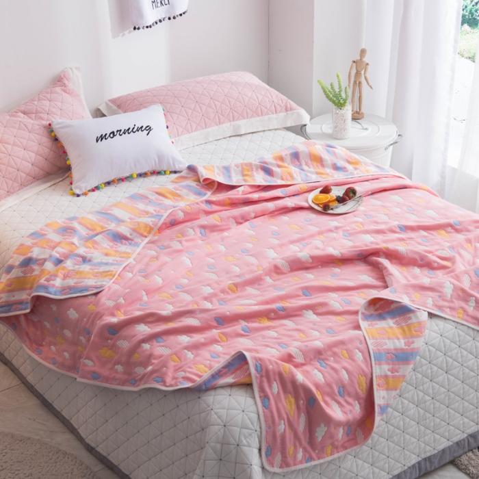 91家纺网 家纺一手货源 找家纺 朴尔家纺 六层全棉纱布毛巾被 彩云-粉