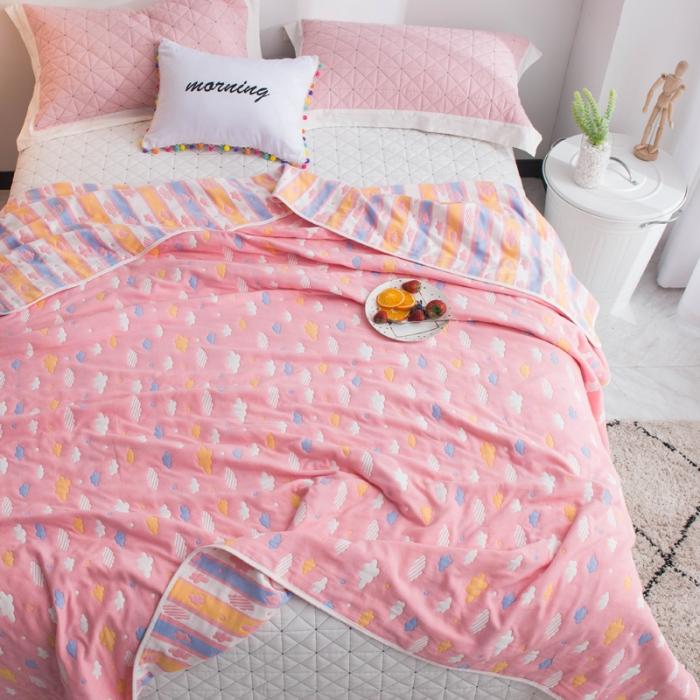 91家纺网 家纺一手货源 找家纺 朴尔家纺 六层全棉纱布毛巾被 彩云-粉