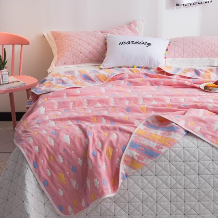 91家纺网 家纺一手货源 找家纺 朴尔家纺 六层全棉纱布毛巾被 彩云-粉