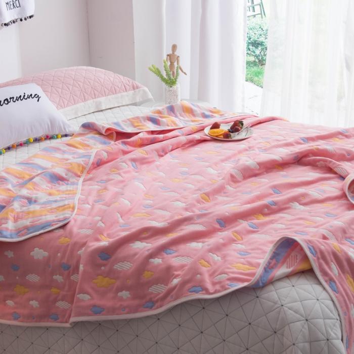 91家纺网 家纺一手货源 找家纺 朴尔家纺 六层全棉纱布毛巾被 彩云-粉