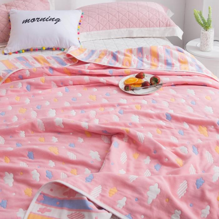 91家纺网 家纺一手货源 找家纺 朴尔家纺 六层全棉纱布毛巾被 彩云-粉