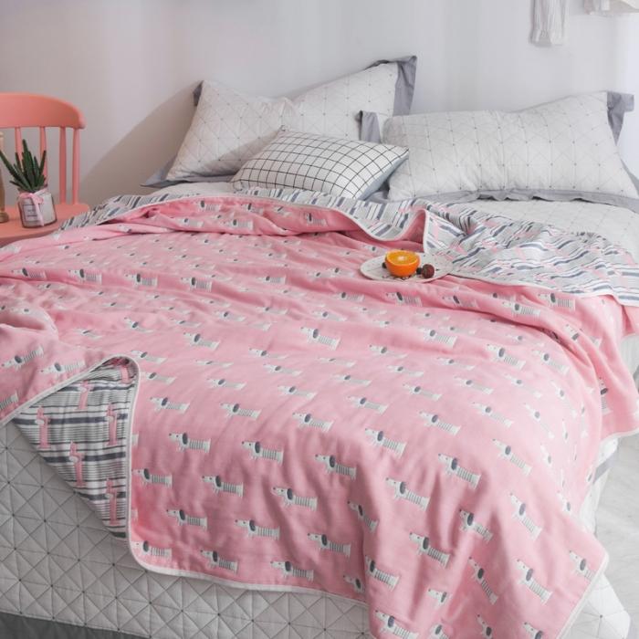 91家纺网 家纺一手货源 找家纺 朴尔家纺 六层全棉纱布毛巾被 宠物狗-粉