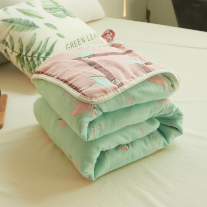 91家纺网 家纺一手货源 找家纺 朴尔家纺 六层全棉纱布毛巾被 火烈鸟-浅蓝