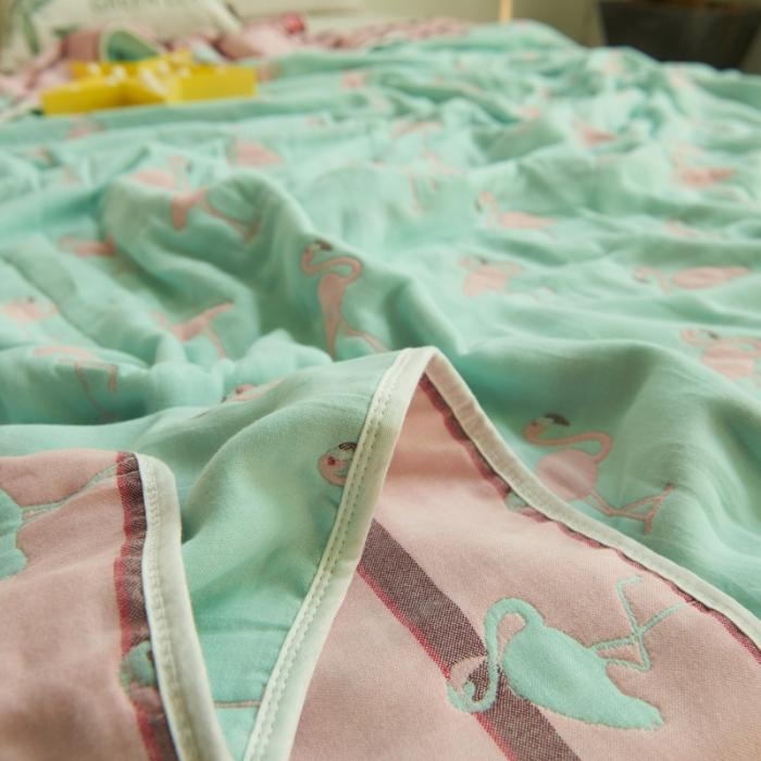 91家纺网 家纺一手货源 找家纺 朴尔家纺 六层全棉纱布毛巾被 火烈鸟-浅蓝