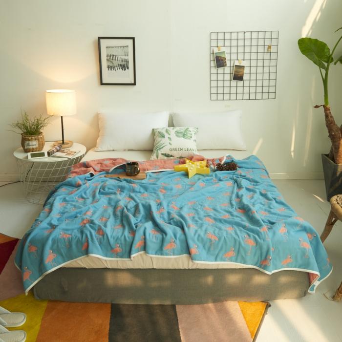 91家纺网 家纺一手货源 找家纺 朴尔家纺 六层全棉纱布毛巾被 火烈鸟-深蓝